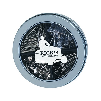 Promotional Paper Clip Holders: Customized Round Tin with Assortment of Office Clips